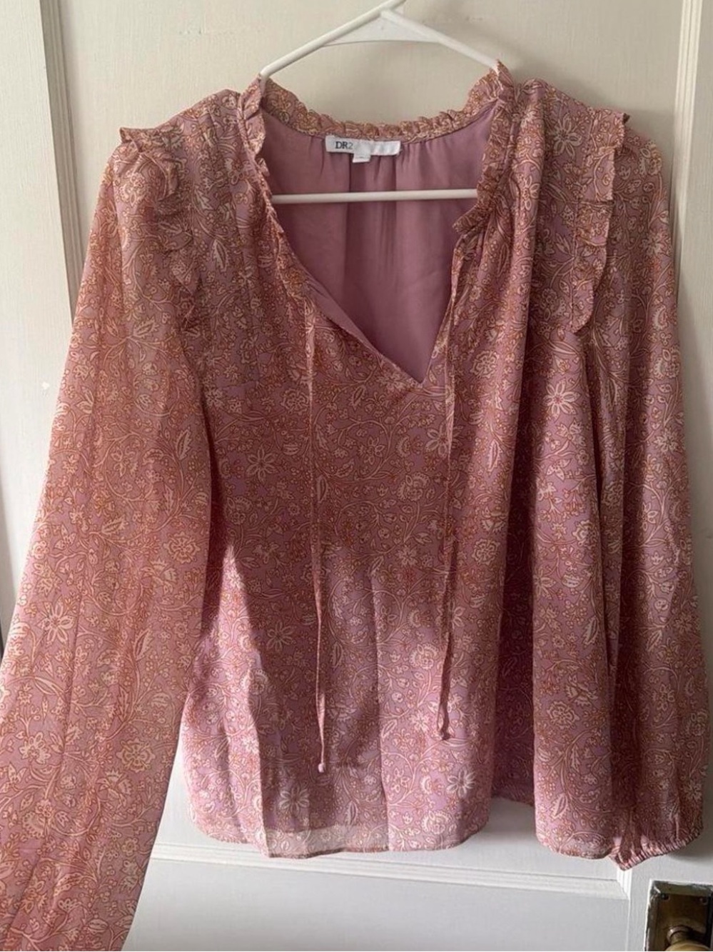DR2 Dusty Pink Paisley Ruffle Tie-Front Blouse